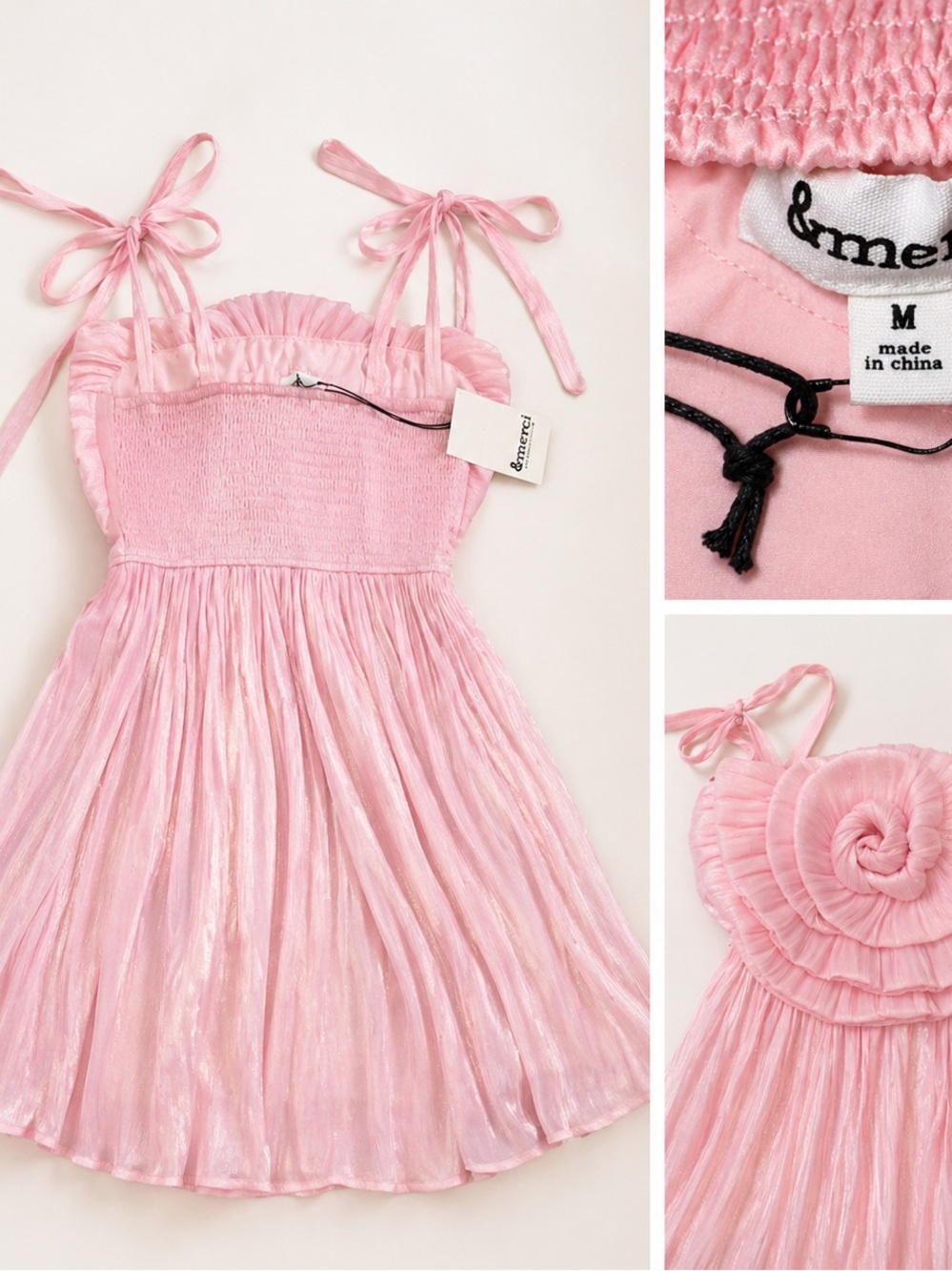 🎀 Merci Pink Rosette Tie-Strap Dress – Size Medium new with tags - Picture 2 of 2